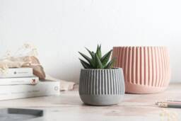 striped Concrete Plant Pot Modern Ridged Indoor Planter