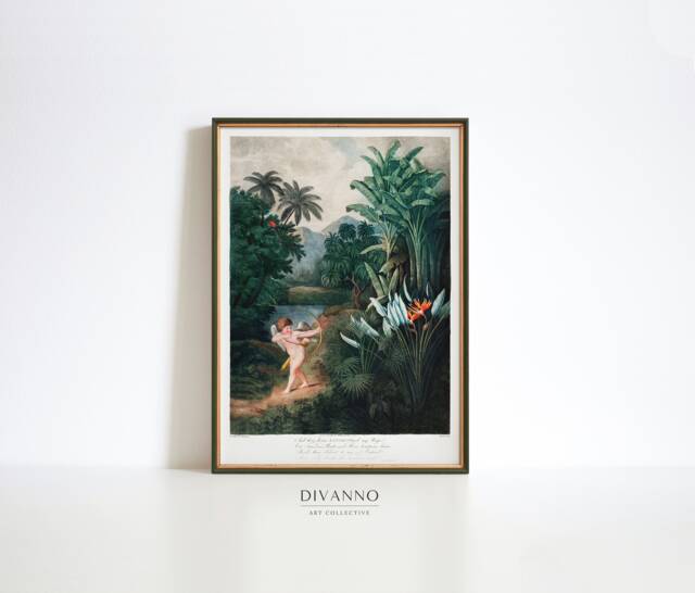 Romantic Botanical Wall Decor, Cupid Inspiring Plants With Love Poster, Garden Art, Jungle Print, Dark Floral Green Canvas, Printable - image 1
