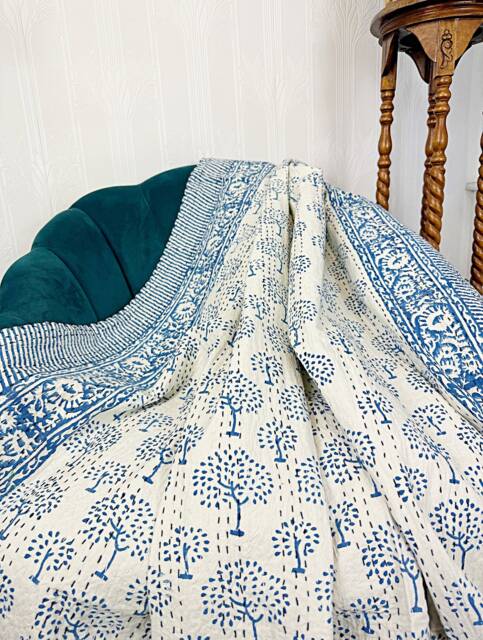 Kantha Stitch Pure Cotton Reversible Bed/Sofa Throw King Size Handmade Dohar White Indigo Blue Tree Of Life Pattern - Country Home Hygge - image 1