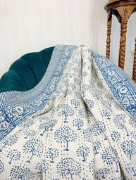 Kantha Stitch Pure Cotton Reversible Bed/Sofa Throw King Size Handmade Dohar White Indigo Blue Tree Of Life Pattern - Country Home Hygge