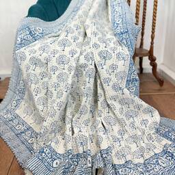 Kantha Stitch Pure Cotton Reversible Bed/Sofa Throw King Size Handmade Dohar White Indigo Blue Tree Of Life Pattern - Country Home Hygge - thumbnail 2