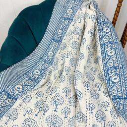 Kantha Stitch Pure Cotton Reversible Bed/Sofa Throw King Size Handmade Dohar White Indigo Blue Tree Of Life Pattern - Country Home Hygge - thumbnail 3