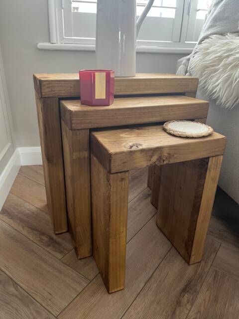 Rustic Wooden Reclaimed Timber Nest Of Tables Solid Wood Room Storage Side Table - image 1