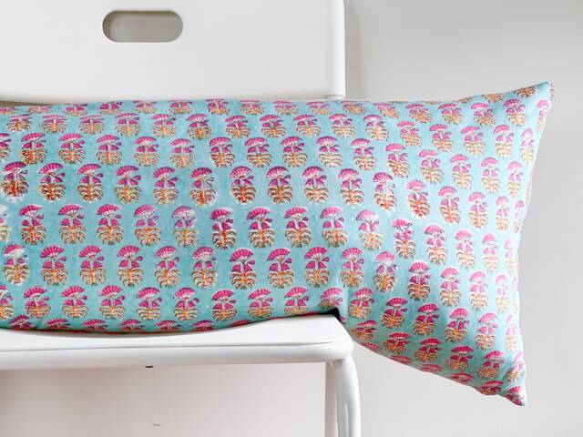 Floral Lumbar Pillow Cover Indian Block Print, Natural Dyed Batik - image 1