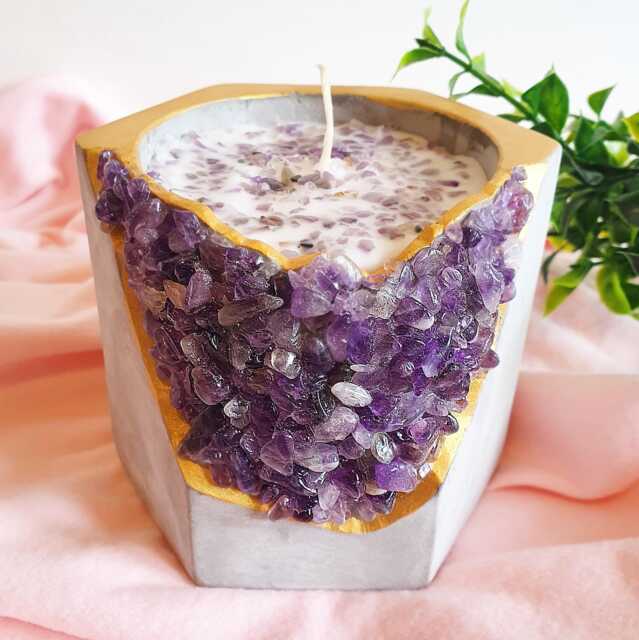 Amethyst Stone Geode Scented Candle Pot 10cm, Purple Crystal, Concrete - image 1