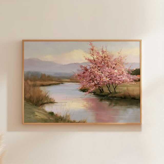 Pink Blossom Poster, River Landscape Print, Nature Wall Art, Paper - image 1