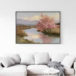 Pink Blossom Poster, River Landscape Print, Nature Wall Art, Paper - thumbnail 3
