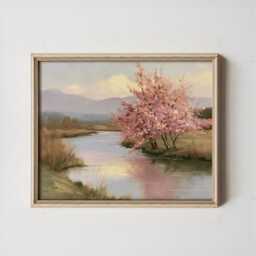 Pink Blossom Poster, River Landscape Print, Nature Wall Art, Paper - thumbnail 2