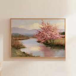 Pink Blossom Poster, River Landscape Print, Nature Wall Art, Paper - thumbnail 1