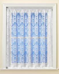 Traditional White Net Curtain in Luxury Victorian Lace Effect Damask Pattern. Sold By The Metre Width