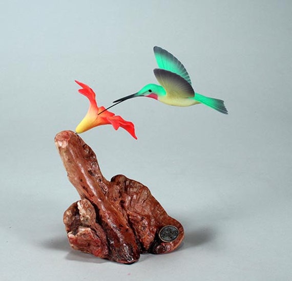 Hummingbird Sculpture By John Perry 7In Tall Red Flower On Burlwood Base - image 1