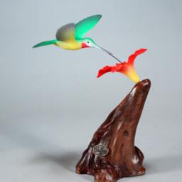 Hummingbird Sculpture By John Perry 7In Tall Red Flower On Burlwood Base - thumbnail 2