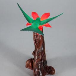 Hummingbird Sculpture By John Perry 7In Tall Red Flower On Burlwood Base - thumbnail 3