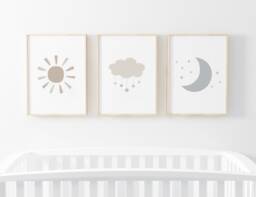 Gender Neutral Cloud Moon Sun Prints - Set Of 3, Baby Girl Print, Beige Nursery Prints, Wall Art, Boy Decor, Kids Bedroom - thumbnail 1