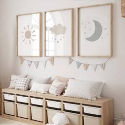 Gender Neutral Cloud Moon Sun Prints - Set Of 3, Baby Girl Print, Beige Nursery Prints, Wall Art, Boy Decor, Kids Bedroom - thumbnail 2