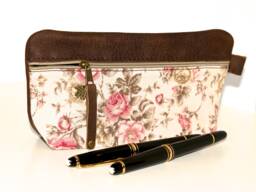 Vintage Rose Pencil Case Leather & Fabric With Roses Vintage