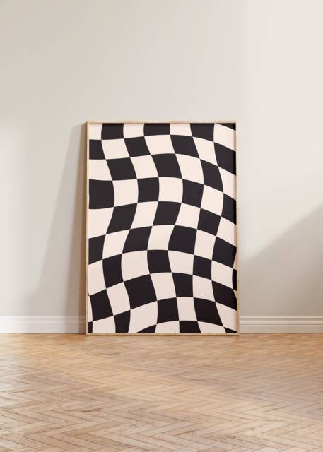 Checkered Print, Abstract Checked Poster, Wavy Black White Simple Wall Decor, Aesthetic Cool Art - image 1