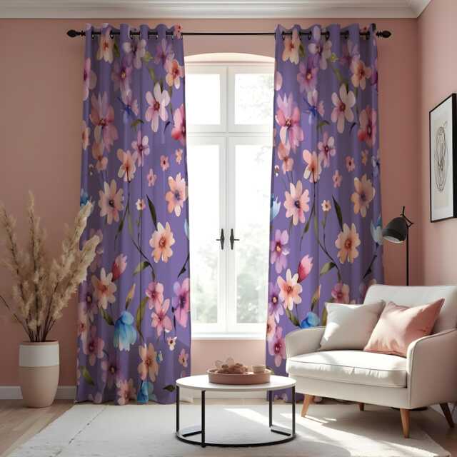 Purple Floral Curtains With Pink Peach Flowers, Custom Made Botanical Drapes, Vibrant Window Panels For Living Room & Bedroom - image 1