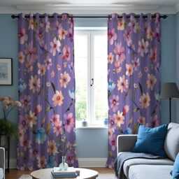 Purple Floral Curtains With Pink Peach Flowers, Custom Made Botanical Drapes, Vibrant Window Panels For Living Room & Bedroom - thumbnail 3