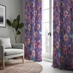 Purple Floral Curtains With Pink Peach Flowers, Custom Made Botanical Drapes, Vibrant Window Panels For Living Room & Bedroom - thumbnail 4
