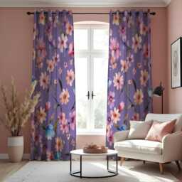 Purple Floral Curtains With Pink Peach Flowers, Custom Made Botanical Drapes, Vibrant Window Panels For Living Room & Bedroom