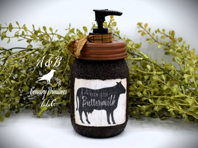 Farm Fresh Buttermilk Mason Jar Hand Soap Dispenser, Country Rustic Decor - image 1