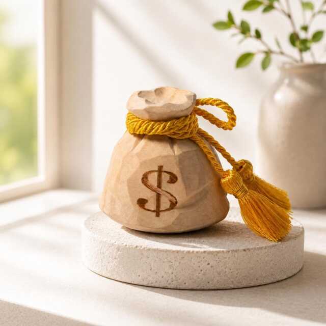 Hand Carved Wooden Money Bag, Dollar Sign Coin Purse Figurine, Gold Tassel Wealth Symbol, Rustic Farmhouse Desk Decor, Lucky Gift - image 1