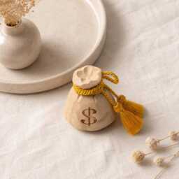 Hand Carved Wooden Money Bag, Dollar Sign Coin Purse Figurine, Gold Tassel Wealth Symbol, Rustic Farmhouse Desk Decor, Lucky Gift - thumbnail 4