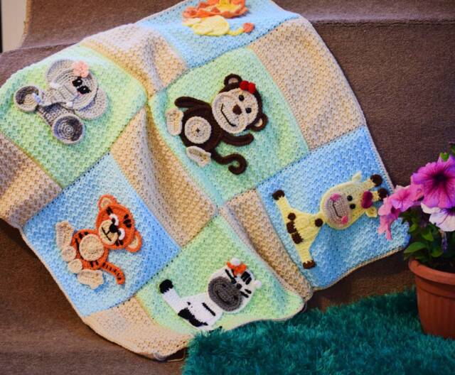 Crochet Pattern - Baby Blanket Jungle Animal Appliques - With Appliques Instant Download PDF Pattern - image 1