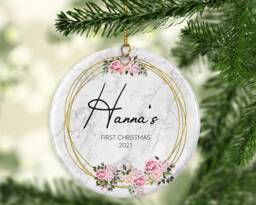 Personalised Baby's First Christmas Ornament Floral Marble Ceramic Or Mdf Acrylic Bauble Keepsake Customised Disc