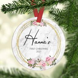 Personalised Baby's First Christmas Ornament Floral Marble Ceramic Or Mdf Acrylic Bauble Keepsake Customised Disc - thumbnail 2