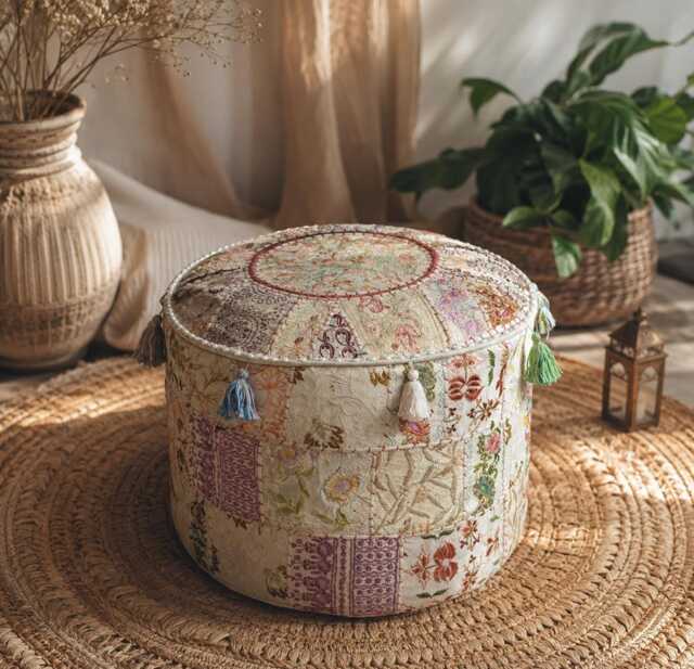 Handmade Indian Patchwork Pouf Cover, Boho Embroidered Ottoman Floor Cushion - image 1