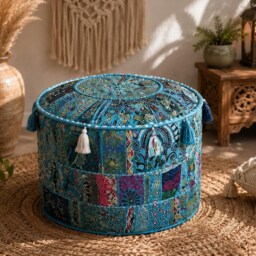 Handmade Indian Patchwork Pouf Cover, Boho Embroidered Ottoman Floor Cushion - thumbnail 2