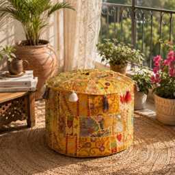 Handmade Indian Patchwork Pouf Cover, Boho Embroidered Ottoman Floor Cushion - thumbnail 4