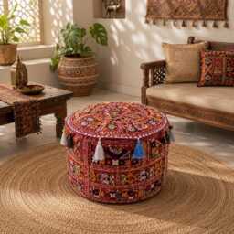 Handmade Indian Patchwork Pouf Cover, Boho Embroidered Ottoman Floor Cushion - thumbnail 3