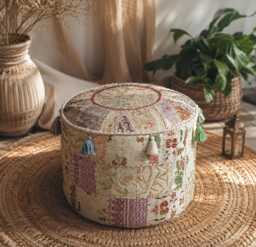 Handmade Indian Patchwork Pouf Cover, Boho Embroidered Ottoman Floor Cushion - thumbnail 1