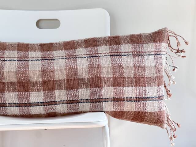 Handwoven Lumbar Pillow Cover Vintage Karen Batik, Hemp Fringes - 14x36 - image 1