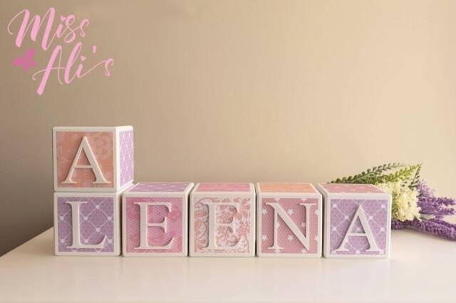 Personalised Wooden Name Blocks Pastel Lace - Baby Name Blocks Keepsake Gift - image 1