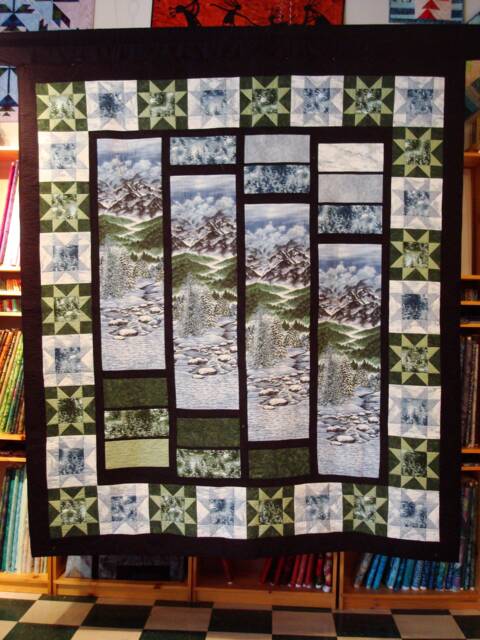 Queen Size Mountain River Quilt - Handmade Scenic Bedding - image 1