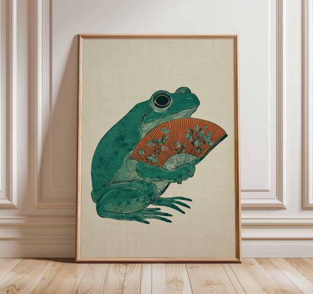 Frog With Fan Poster, Japanese Minimalist Art Print, Retro Animal Wall Art, Mid Century Modern Decor, Vintage Whimsical Poster Design - image 1