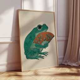 Frog With Fan Poster, Japanese Minimalist Art Print, Retro Animal Wall Art, Mid Century Modern Decor, Vintage Whimsical Poster Design - thumbnail 2