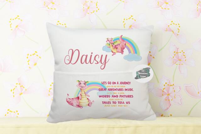 Personalised Dragon Pocket Book Cushion, Kids Storytime Decor - image 1