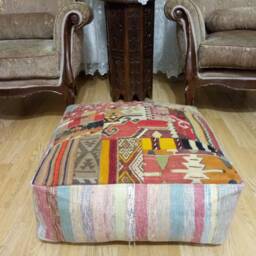 Kilim Pouf Square 24x24x8 Inches Patchwork Pouf Poufs Floor Pillow Cover Oversize Anatolian Home Decor - thumbnail 2