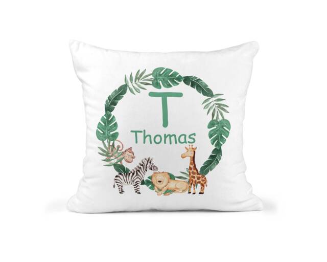 Personalised Jungle Cushion, Custom Safari Boys Nursery Decor, Zoo Animal, Name & Initial, Baby Boy Gift, New Pillow - image 1