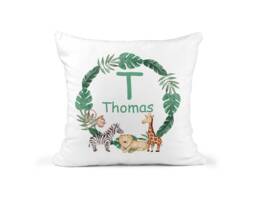 Personalised Jungle Cushion, Custom Safari Boys Nursery Decor, Zoo Animal, Name & Initial, Baby Boy Gift, New Pillow - thumbnail 1