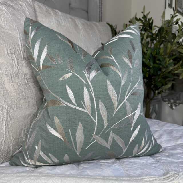 Dark Duck Egg Scatter Cushion Cover - Modern Home Decor For Sofa Or Bed Double Sided Langley Leaf Embroidered Fabric - image 1
