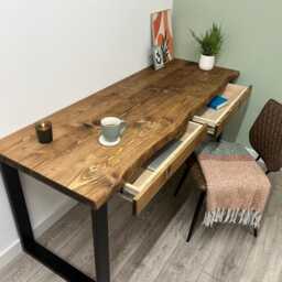 Live Edge Desk With Drawer Storage Options, Mounted On Solid Wood Or Steel Industrial Legs Shapes Waney Edge Game Station - thumbnail 4