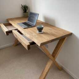 Live Edge Desk With Drawer Storage Options, Mounted On Solid Wood Or Steel Industrial Legs Shapes Waney Edge Game Station - thumbnail 2