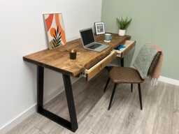 Live Edge Desk With Drawer Storage Options, Mounted On Solid Wood Or Steel Industrial Legs Shapes Waney Edge Game Station
