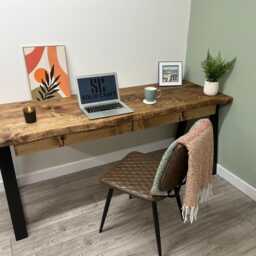 Live Edge Desk With Drawer Storage Options, Mounted On Solid Wood Or Steel Industrial Legs Shapes Waney Edge Game Station - thumbnail 3